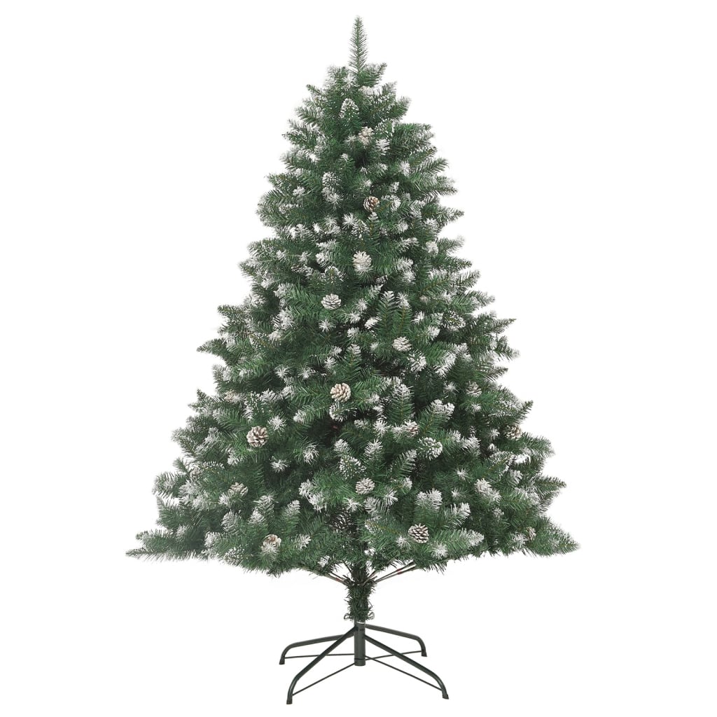 82.7" green artificial Christmas tree with white snow flocking and pine cones on steel stand