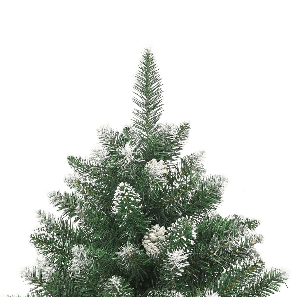 82.7" green artificial Christmas tree with white snow flocking and pine cones on branches