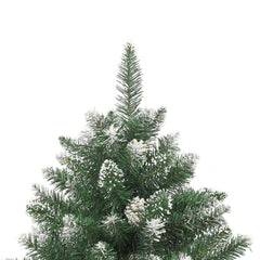82.7" green artificial Christmas tree with white snow flocking and pine cones on branches