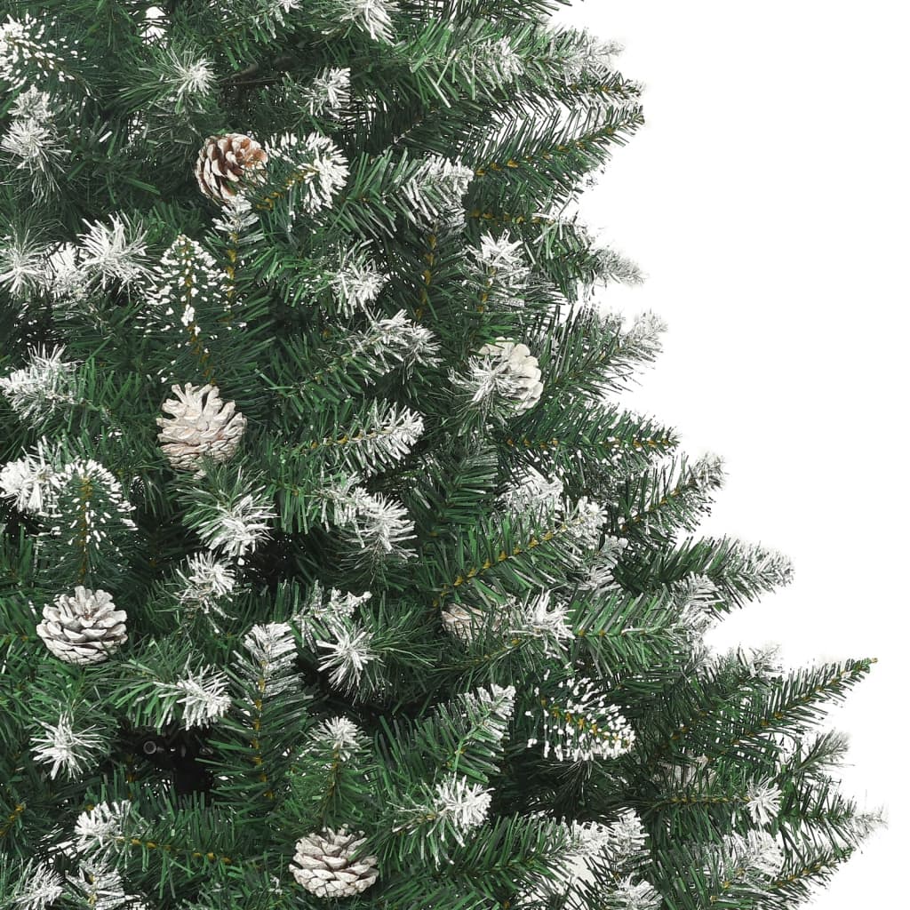 82.7" green artificial Christmas tree with white snow flocking and pine cones on branches