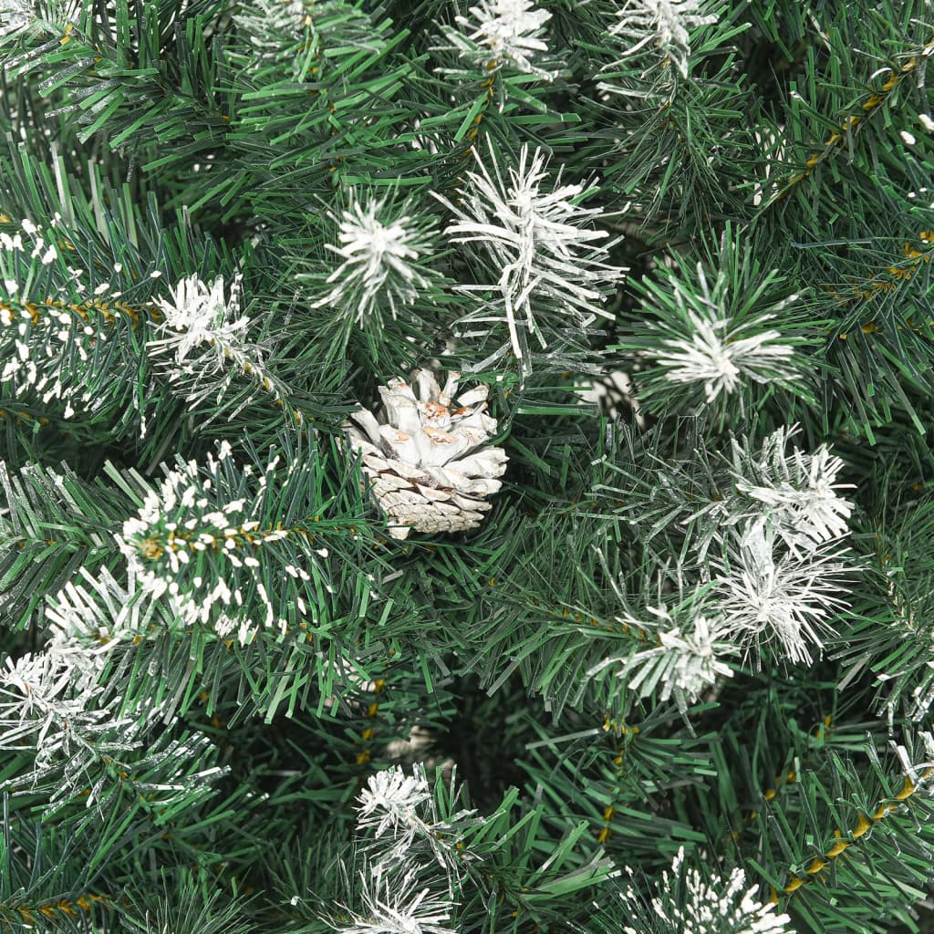 82.7" green artificial Christmas tree with white snow flocking and pine cones on branches