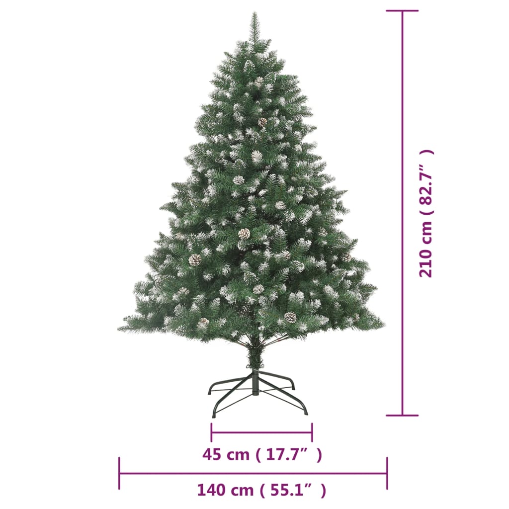 Artificial Christmas tree 82.7" tall, green PVC with white snow and pine cones on steel stand
