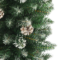 Slim 5 ft green artificial Christmas tree with snow flocking and pine cone decorations