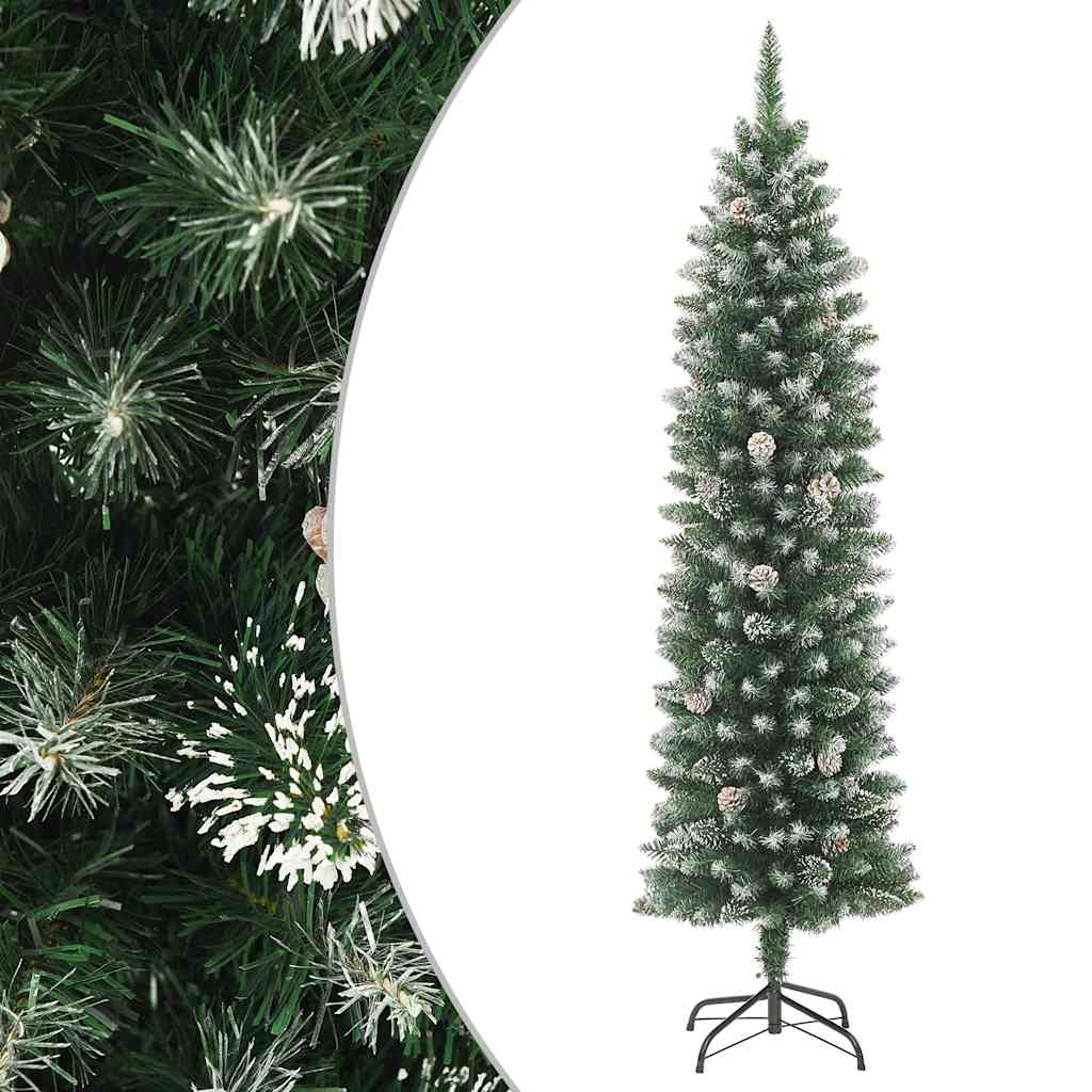 A 6 ft slim artificial Christmas tree with PVC green branches and white snow flock on a black metal stand.