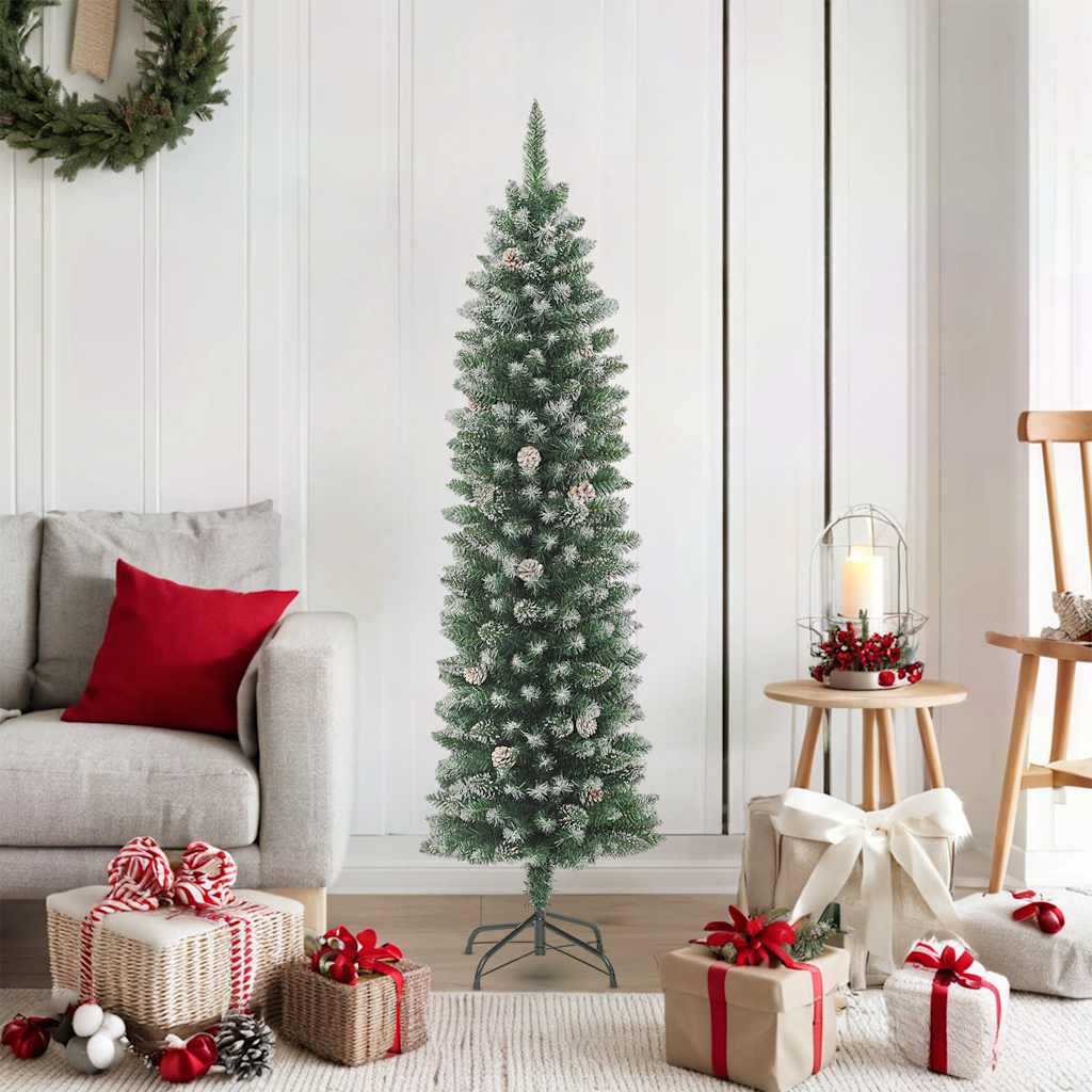 A 6 ft slim artificial Christmas tree with green PVC branches and white snow flocking on a metal stand.