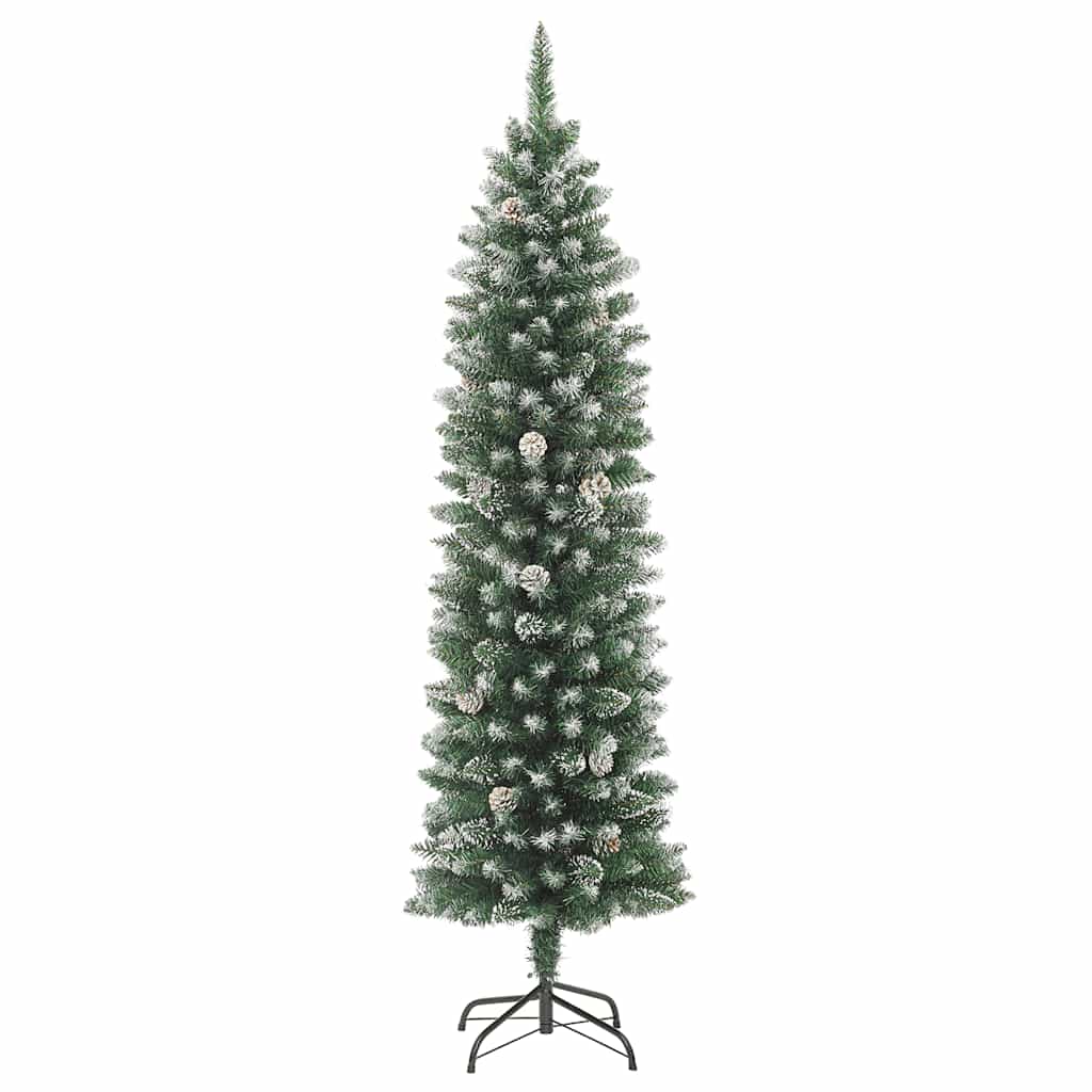 A 6 ft slim artificial Christmas tree with green PVC branches and white snow flock on a steel stand.