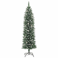 A 6 ft slim artificial Christmas tree with green PVC branches and white snow flock on a steel stand.
