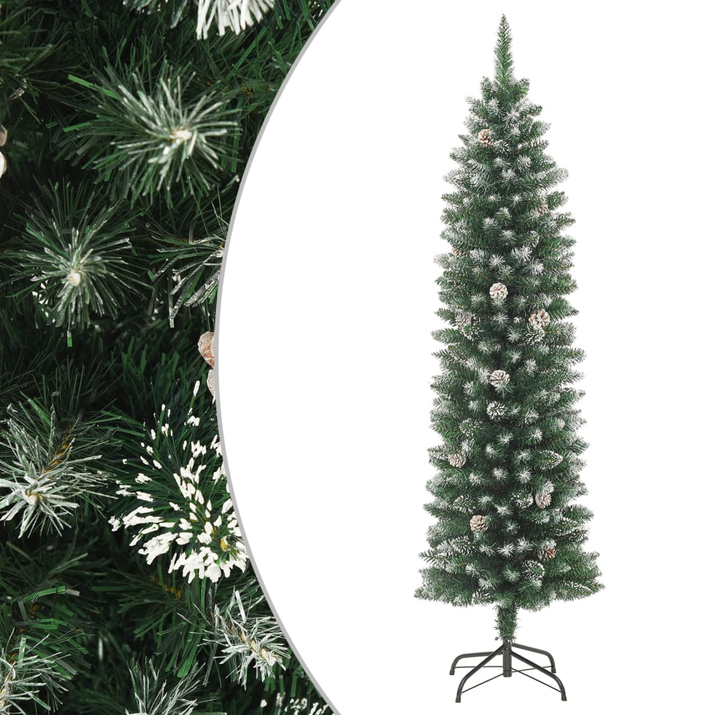 A 7 ft slim artificial Christmas tree in green PVC with snow flocking and a metal stand.
