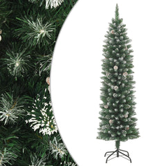 A 7 ft slim artificial Christmas tree in green PVC with snow flocking and a metal stand.