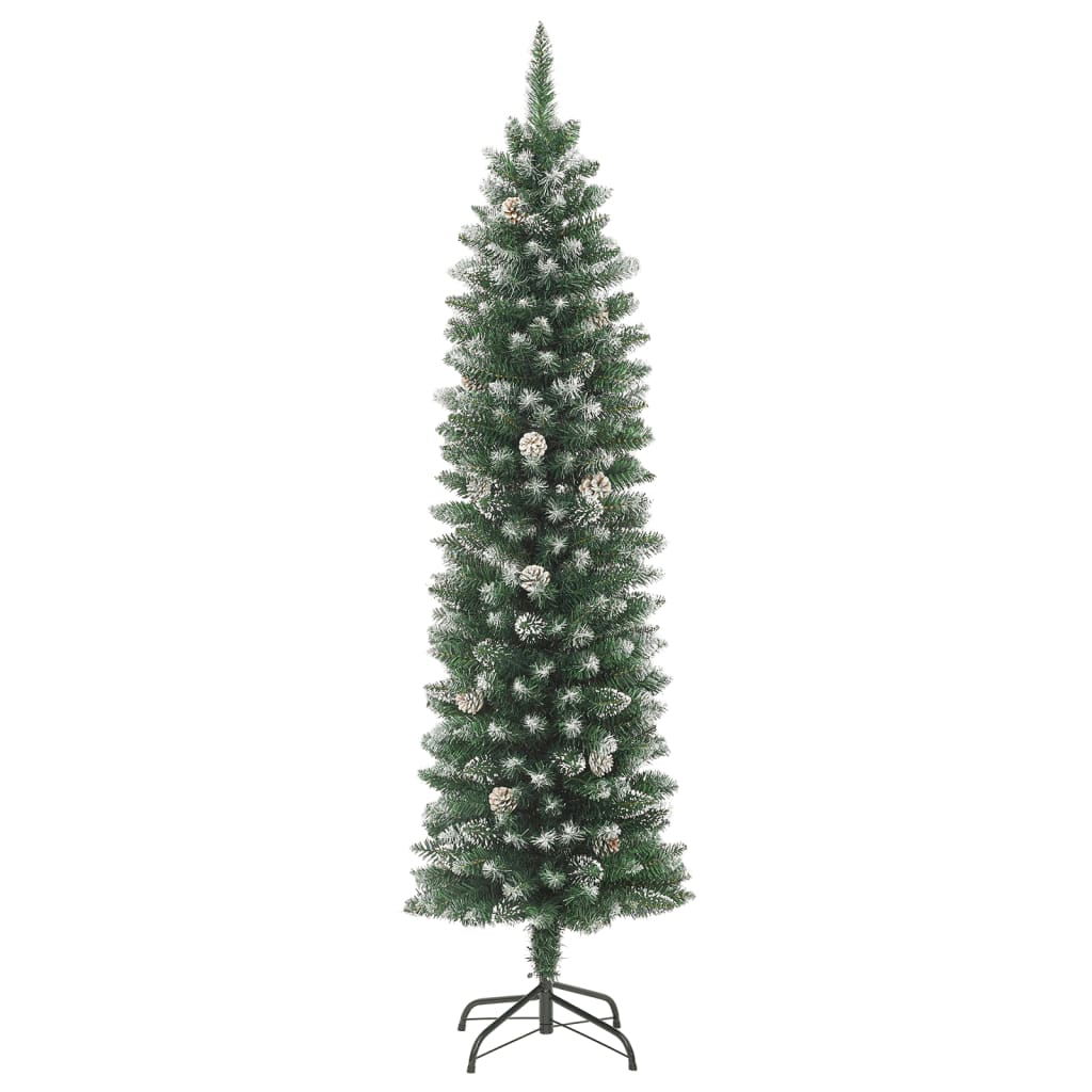 7 ft slim green artificial Christmas tree with snow flocking and pine cones on steel stand