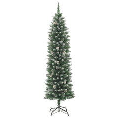 7 ft slim green artificial Christmas tree with snow flocking and pine cones on steel stand