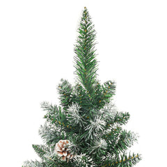 A 7 ft slim artificial Christmas tree in green PVC with snow flocking and pine cones.
