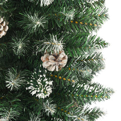 A 7 ft slim artificial Christmas tree in green PVC with snow flocking and pine cones.