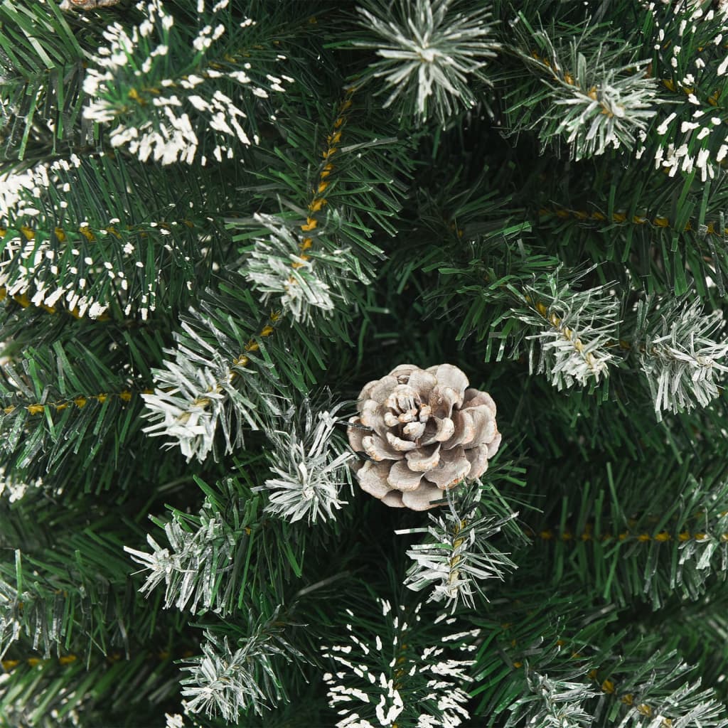 Slim 7 ft green artificial Christmas tree with snow flocking and pine cones on PVC branches