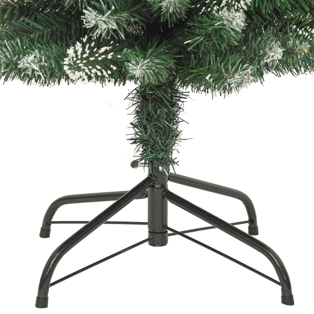 A 7 ft slim artificial Christmas tree in green PVC with snow flocking on a black metal stand.