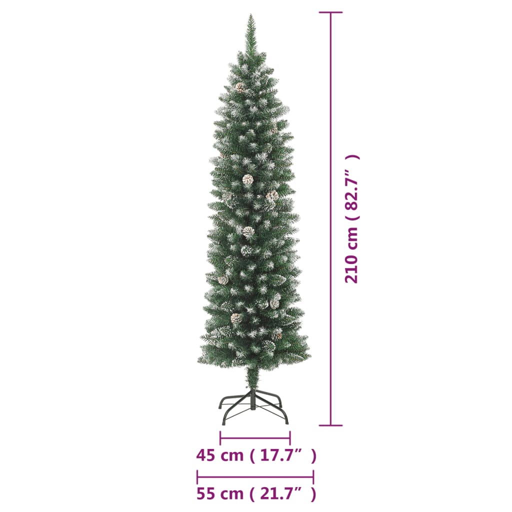 Slim 7 ft artificial Christmas tree with green PVC branches and white snow flocking on a metal stand.