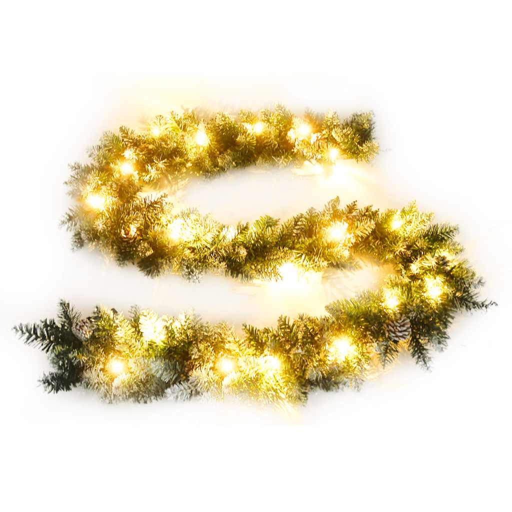 A 9 ft green PVC Christmas garland with warm white LED lights and pine cones.
