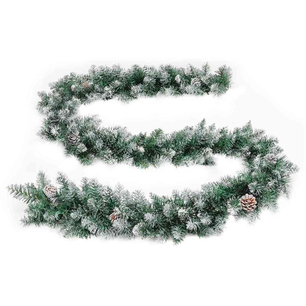A 9 ft green PVC Christmas garland with flocked tips, pine cones, and warm white LED lights.