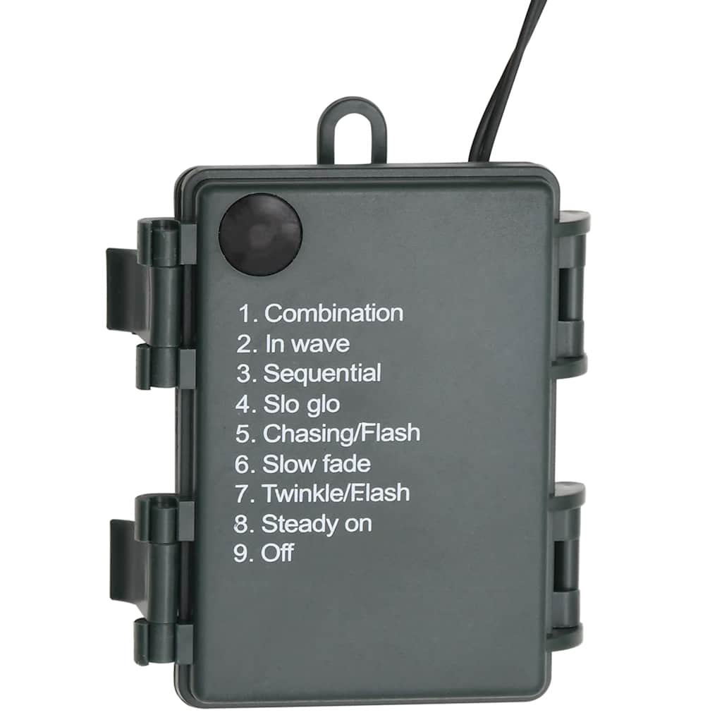 Gray plastic LED controller box with hook, antenna, sensor, and 9 lighting modes listed.