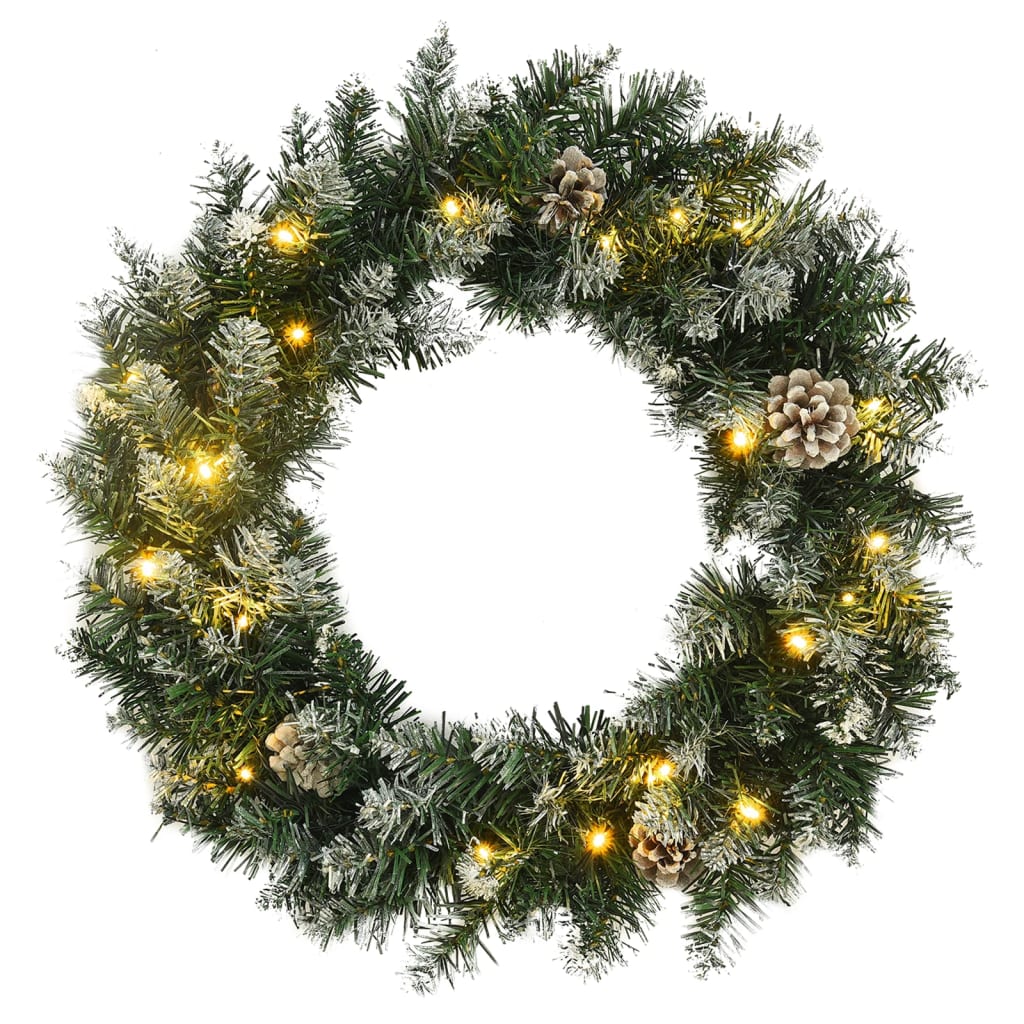 Green PVC Christmas wreath with LED lights, pine cones, and artificial snow, 17.7 inch diameter.