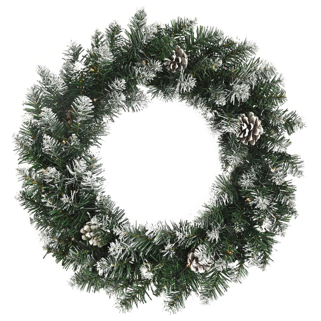17.7-inch green PVC Christmas wreath with LED lights, pine cones, and artificial snow.