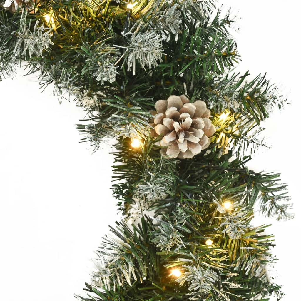 17.7-inch green PVC Christmas wreath with LED lights, pine cones, and artificial snow.