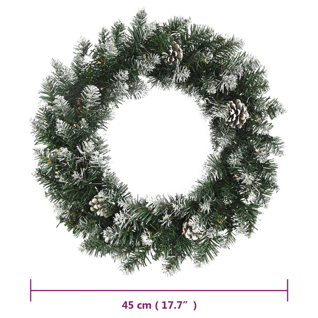 A 17.7-inch green PVC Christmas wreath with LED lights, pine cones, and artificial snow.