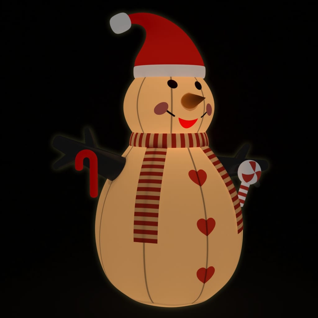 10 ft inflatable snowman with red hat, striped scarf, candy cane, and multicolor LED lights.