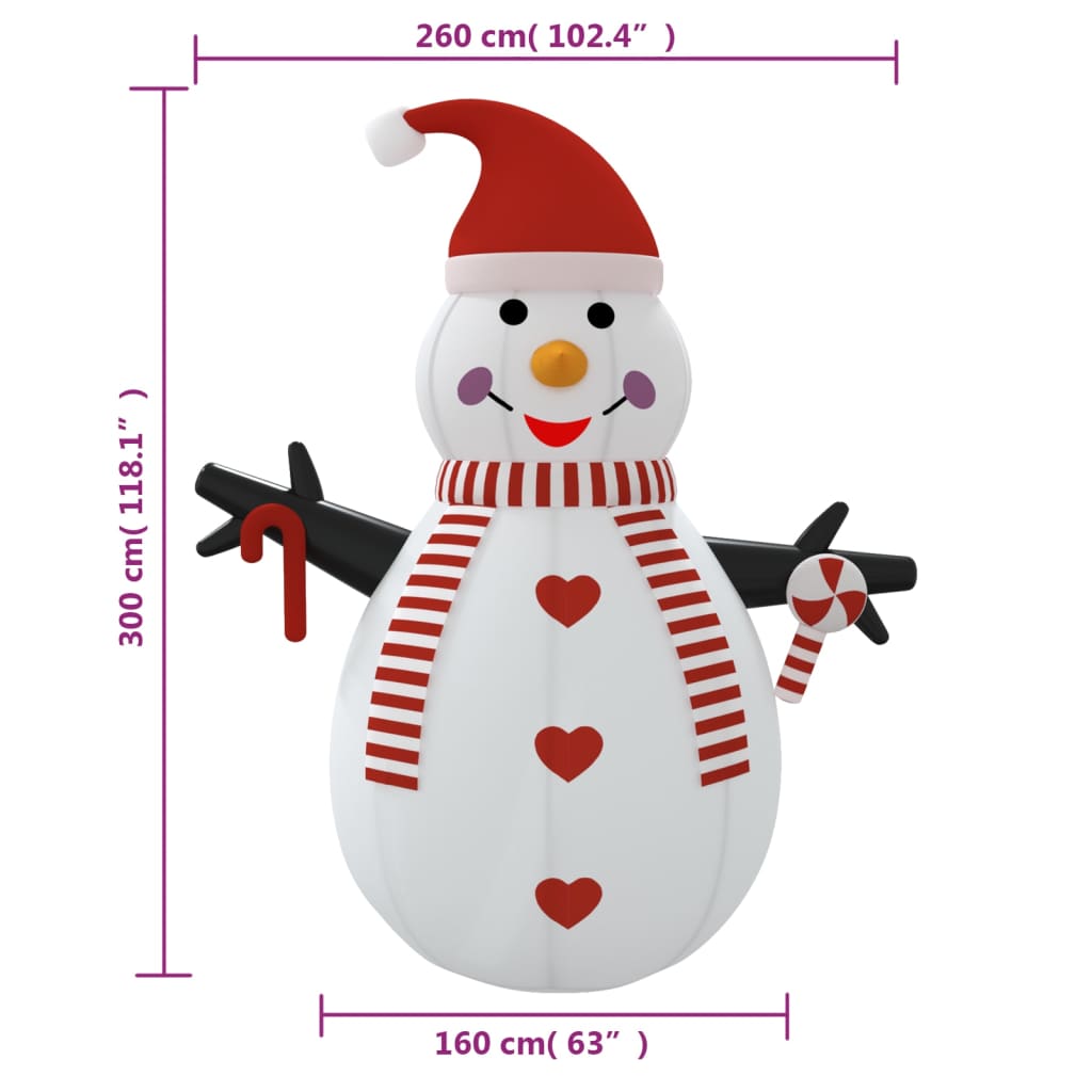 10 ft inflatable snowman with multicolor LEDs and red striped scarf and hat