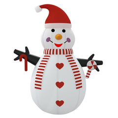 10 ft inflatable snowman with red hat, striped scarf, candy cane, and multicolor LED lights.