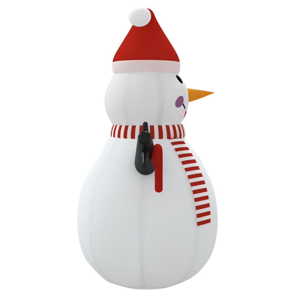 10 ft inflatable snowman with red hat, striped scarf, and multicolor LED lights.