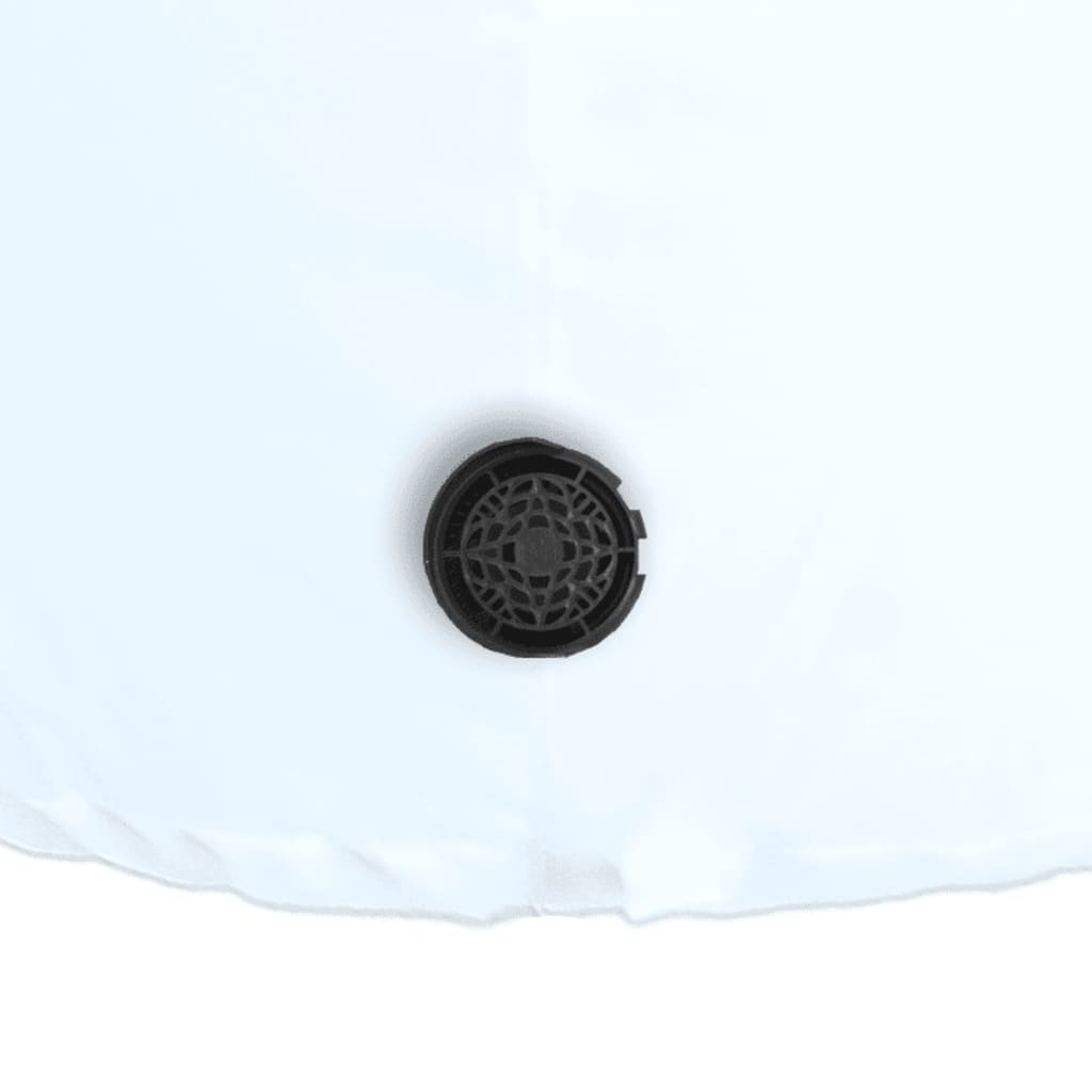 Close-up of black drain plug on white inflatable snowman base.