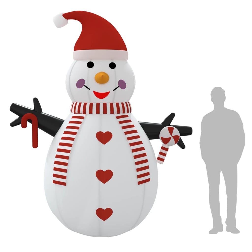 10 ft inflatable snowman in white with red hat, striped scarf, candy cane, and multicolor LEDs.