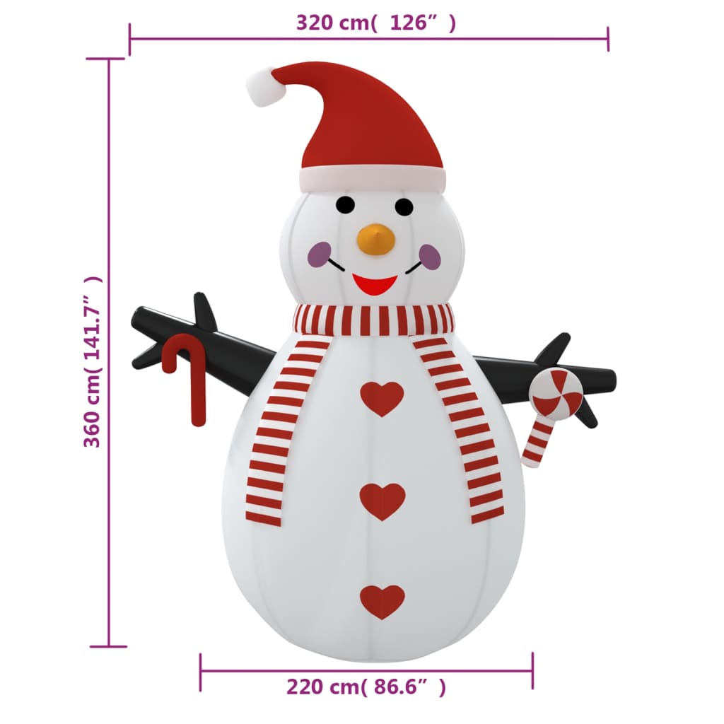 12 ft inflatable snowman with red hat, scarf, candy cane, and multicolor LEDs.