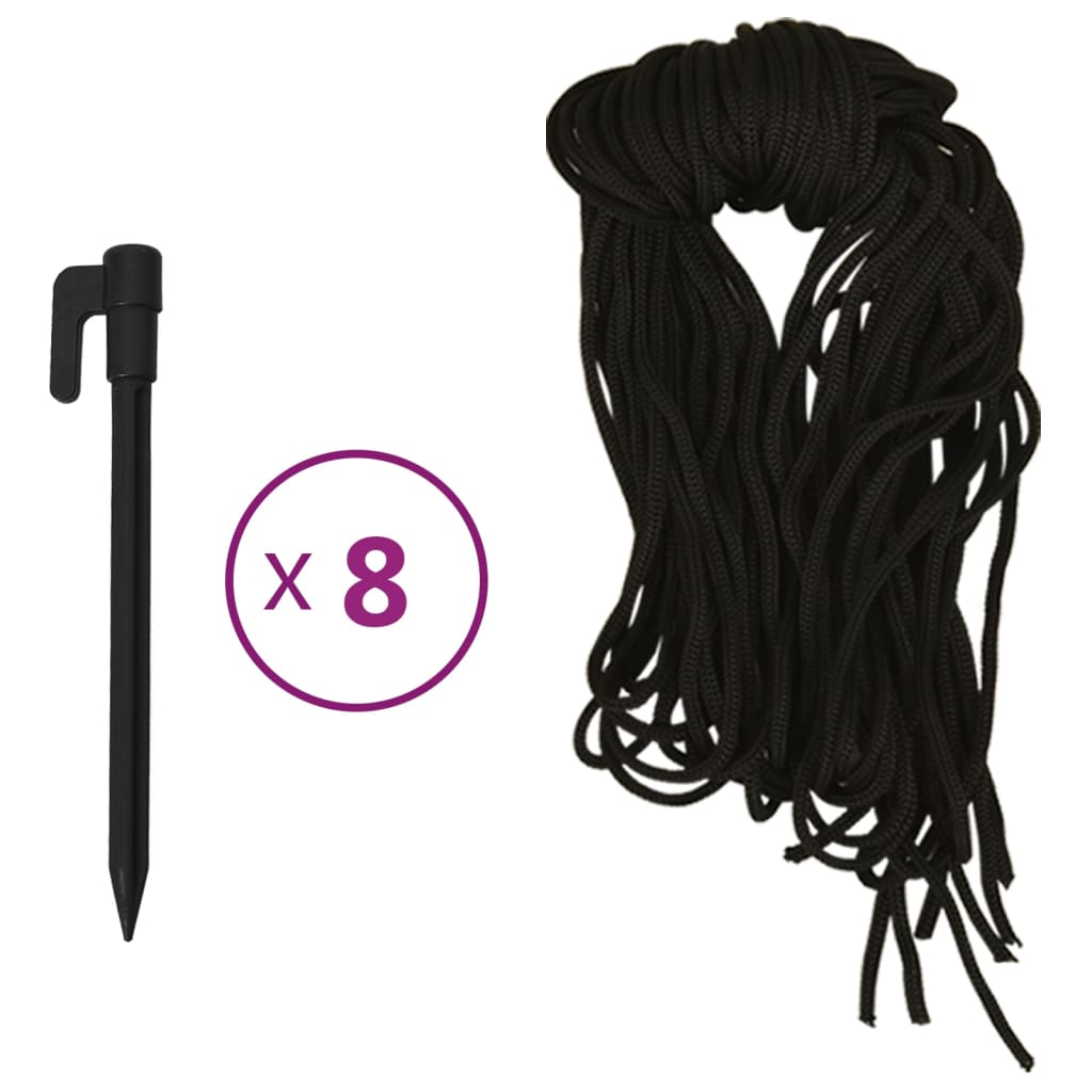 Pack of 8 black ropes and stakes for securing outdoor decorations.