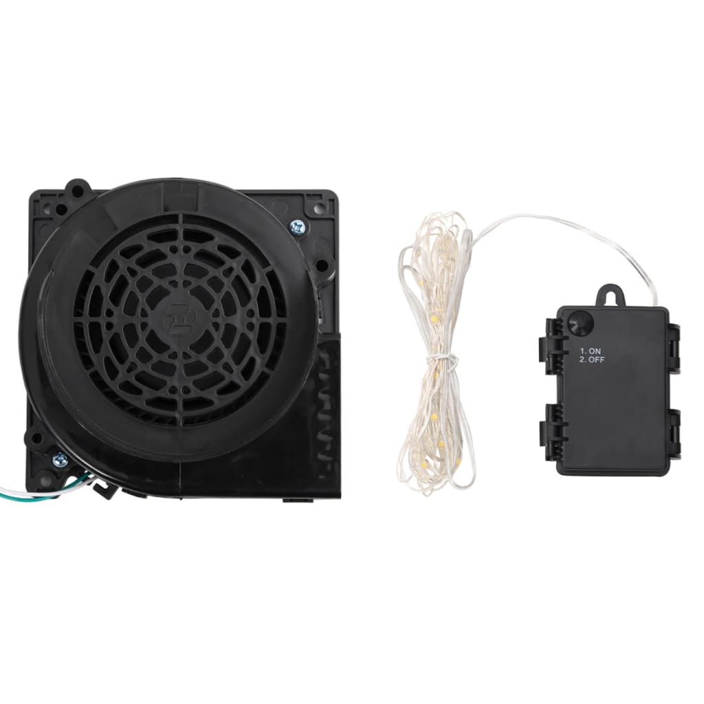 Black circular fan blower with attached LED light string and black control box with on/off switch.