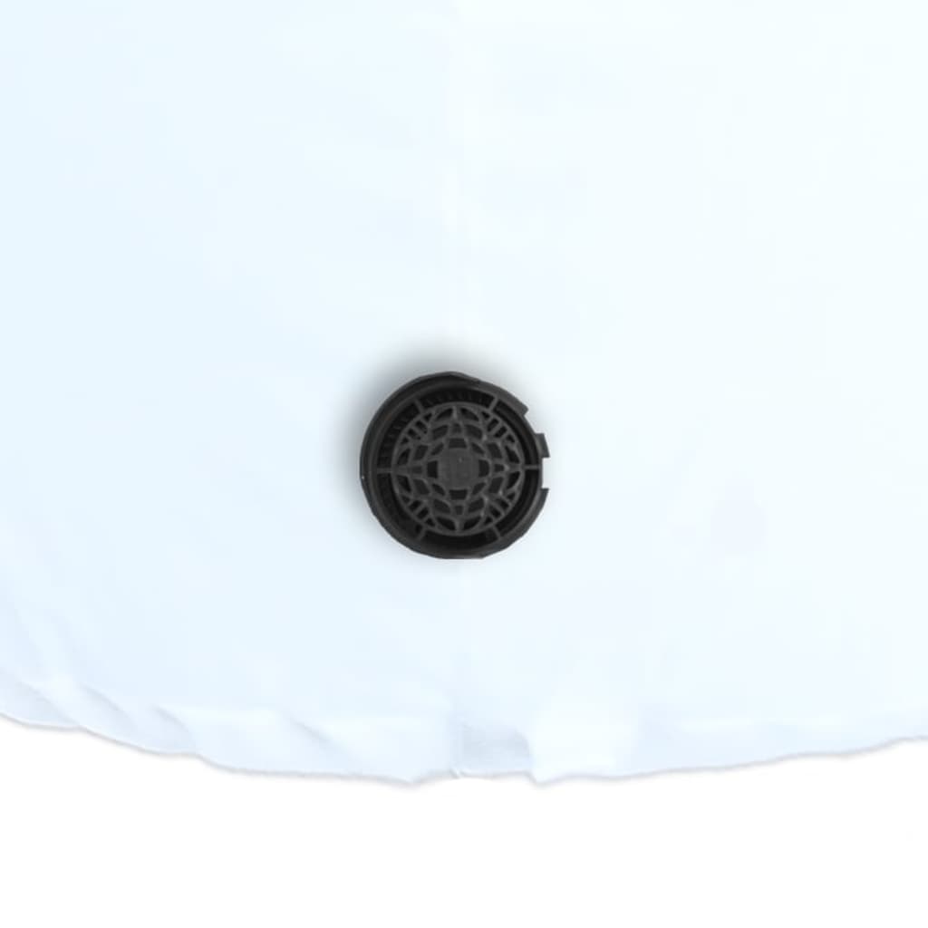 Close-up of black drain plug on white inflatable snowman base.