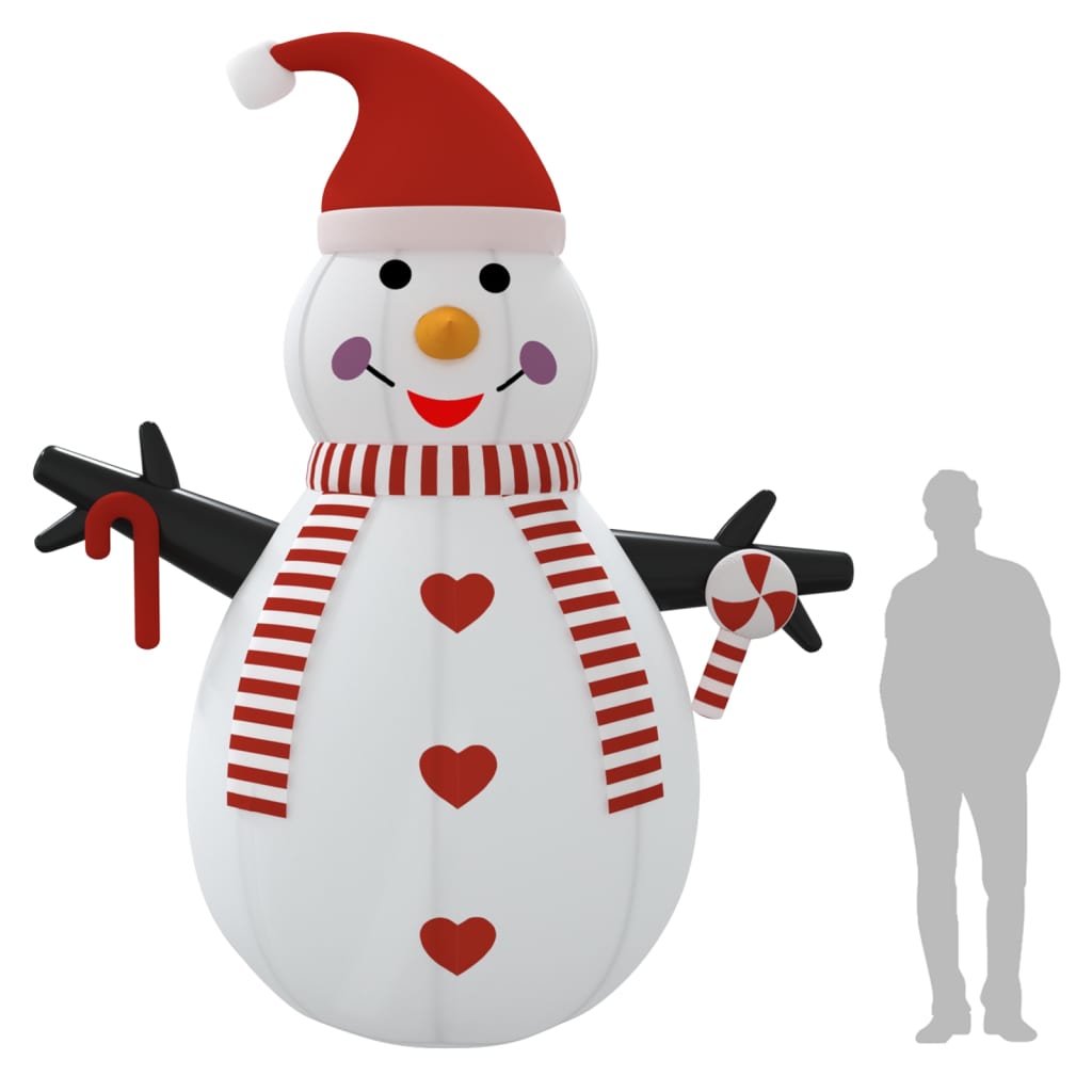 12 ft inflatable snowman with red hat, striped scarf, and multicolor LED lights