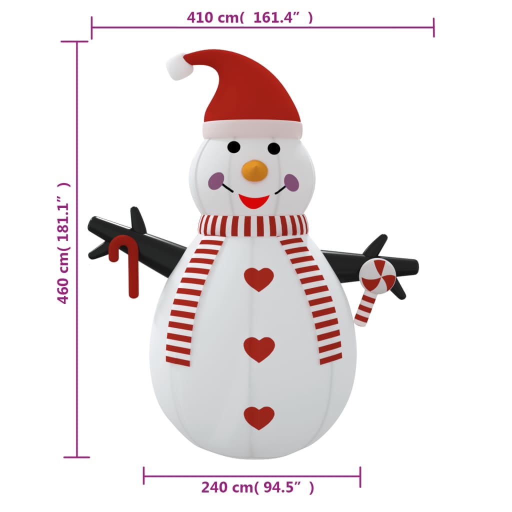15 ft inflatable snowman in multicolor with LED lights, wearing a red hat and striped scarf, holding candy canes.