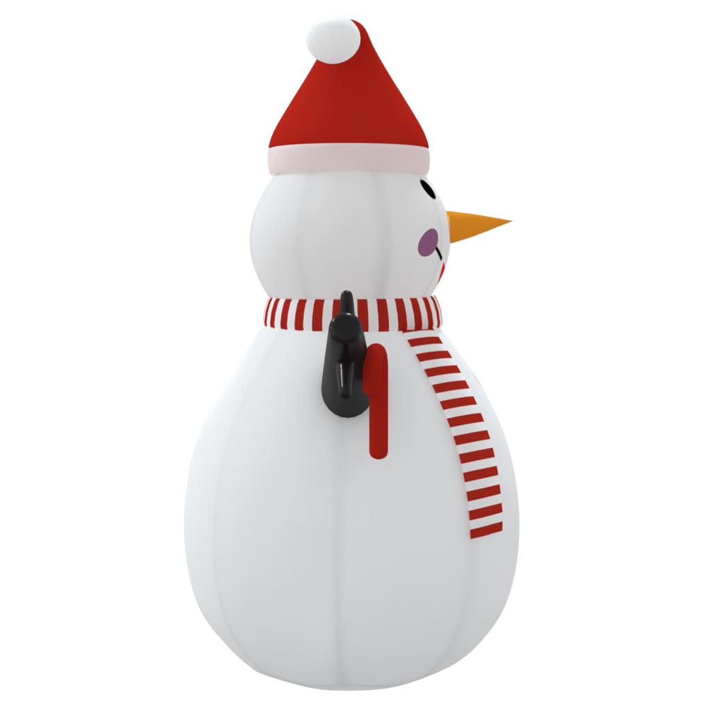 A 15-foot inflatable snowman in white with red hat, striped scarf, and multicolor LED lights.
