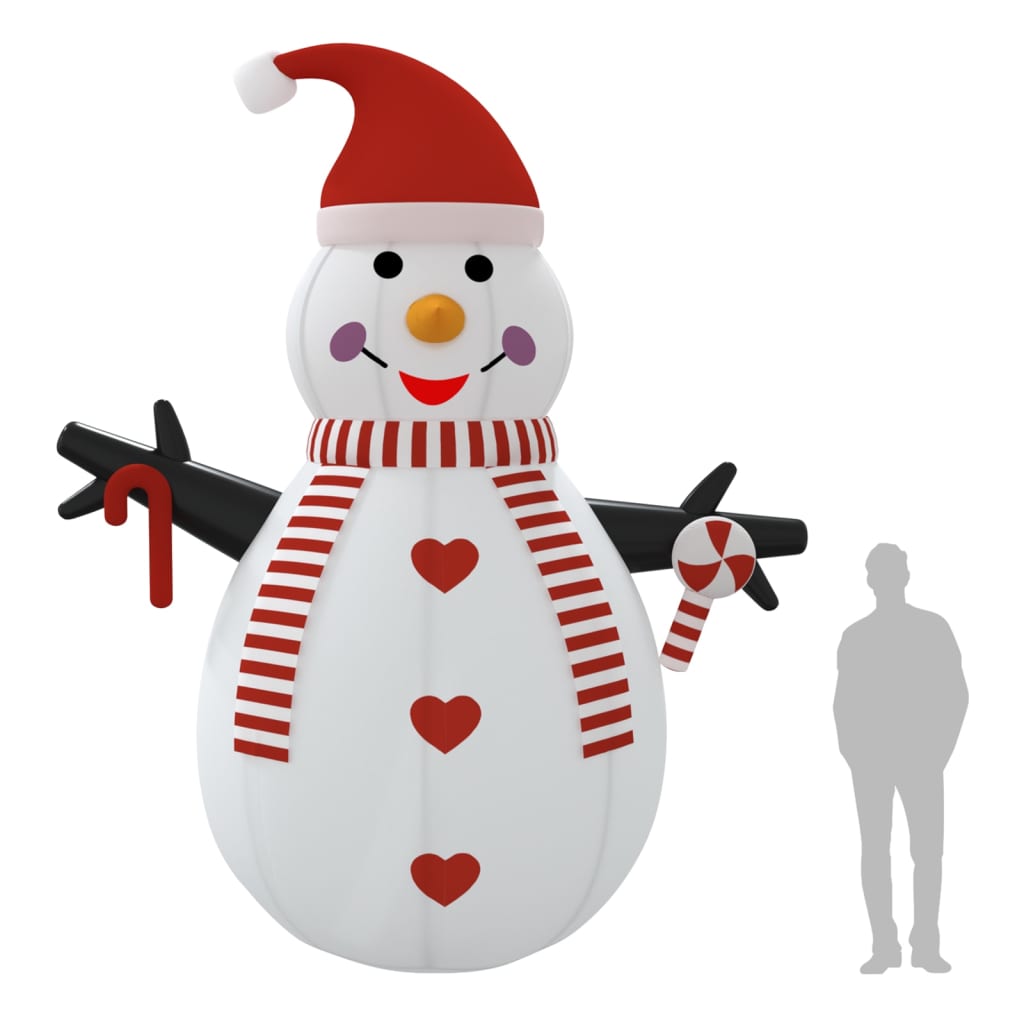 15-foot inflatable snowman with red hat, scarf, candy cane, and multicolor LED lights, shown next to a person for scale.