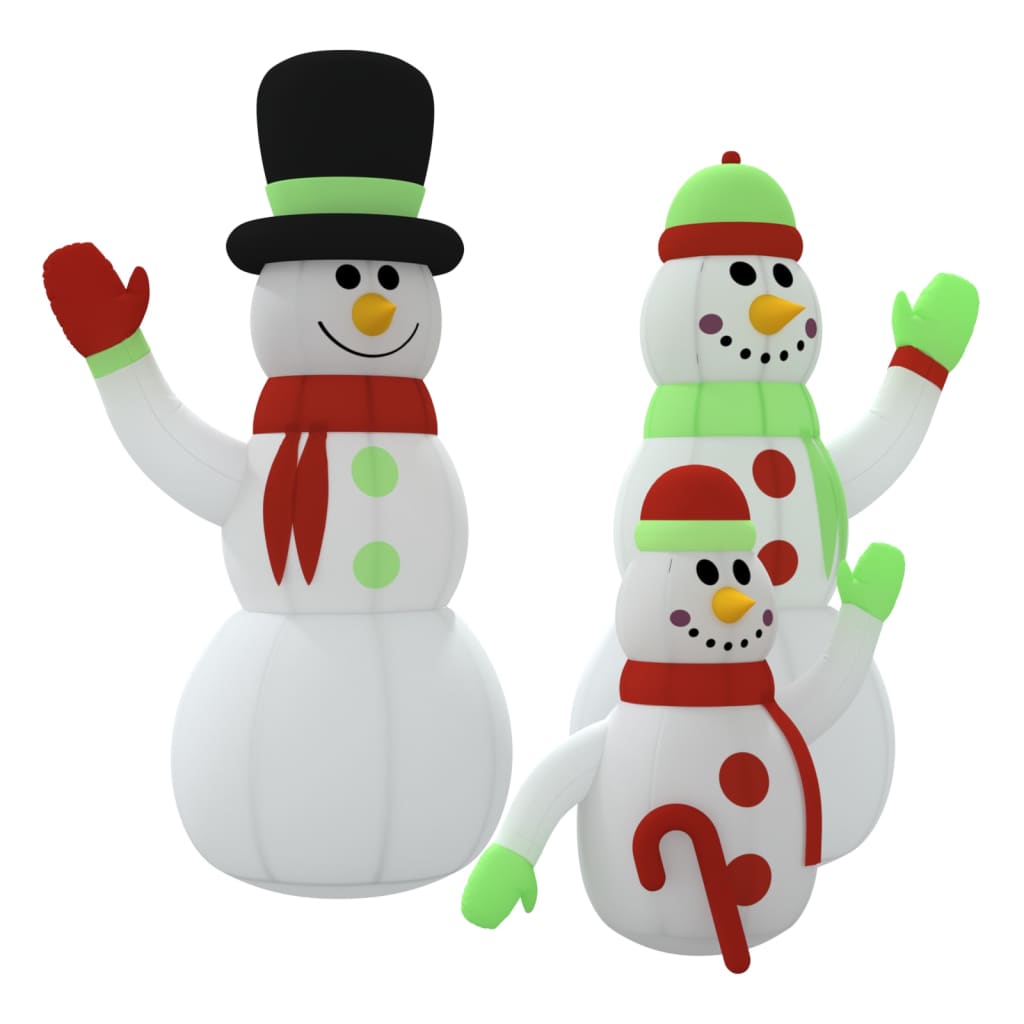 A 12-foot inflatable snowman family with LEDs, featuring three snowmen in red and green accents.