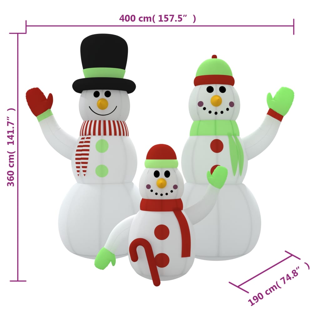 Three inflatable snowmen, two large and one small, with hats, scarves, and mittens.