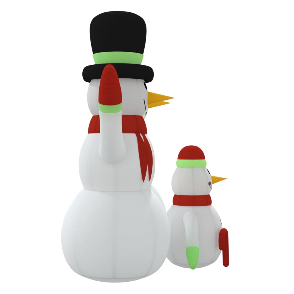 Two inflatable snowmen, a large one and a small one, stand side by side.