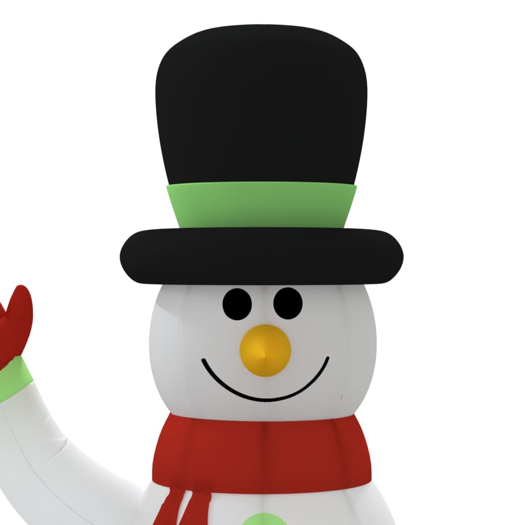 An inflatable snowman wears a black top hat with a green band and a red scarf.