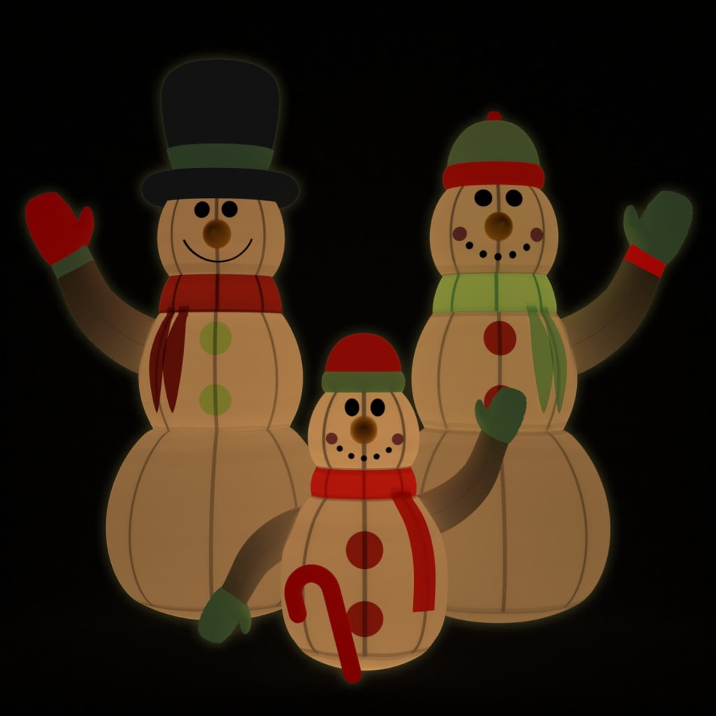 An inflatable snowman family with built-in LEDs glows against a dark background.