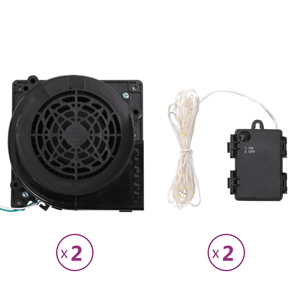 Two black fans and two bundles of LED string lights with battery packs.