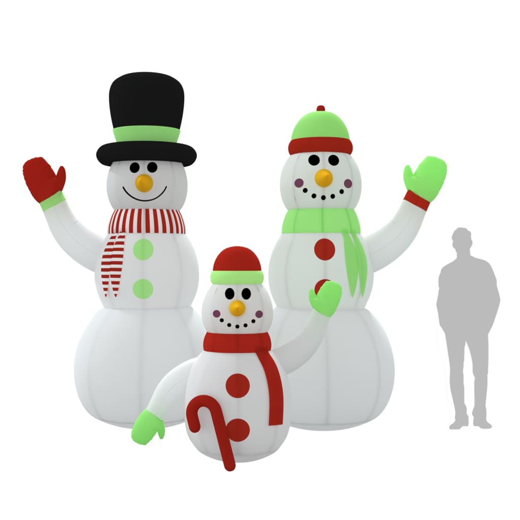 Three inflatable snowmen, varying in size, stand together with a human silhouette for scale.