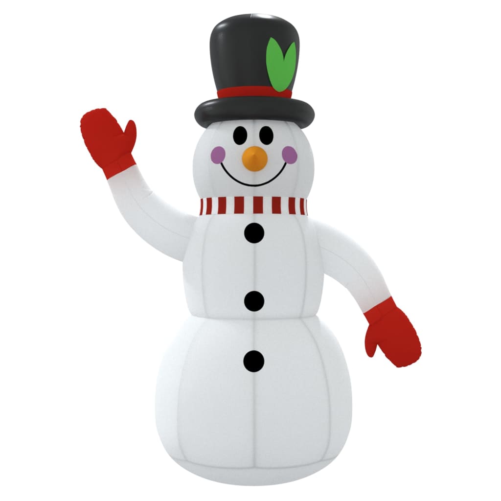 A 4 ft inflatable snowman with black top hat, green leaf, red scarf, red gloves, and built-in LEDs.