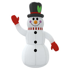 A 4 ft inflatable snowman with black top hat, green leaf, red scarf, red gloves, and built-in LEDs.
